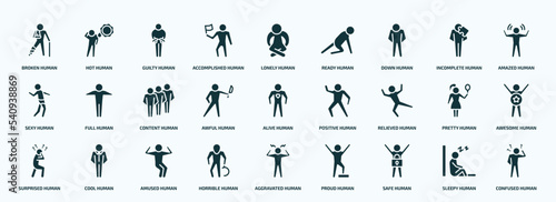 flat filled feelings icons set. glyph icons such as broken human, accomplished human, down human, sexy awful relieved surprised horrible safe sleepy icons.