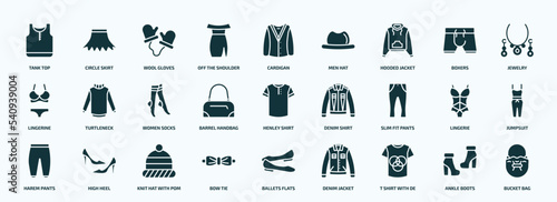 flat filled clothes icons set. glyph icons such as tank top, off the shoulder dress, hooded jacket, lingerine, barrel handbag, slim fit pants, harem pants, bow tie, t shirt with de, ankle boots