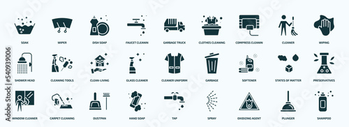 flat filled cleaning icons set. glyph icons such as soak, faucet cleanin, compress cleanin, shower head, glass cleaner, softener, window cleaner, hand soap, oxidizing agent, plunger icons.