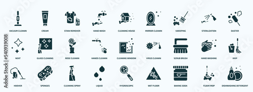 flat filled cleaning icons set. glyph icons such as vacuum cleanin, hand wash, sweeping, neat, hands cleanin, scrub brush, hoover, liquid, baking soda, floor mop icons.