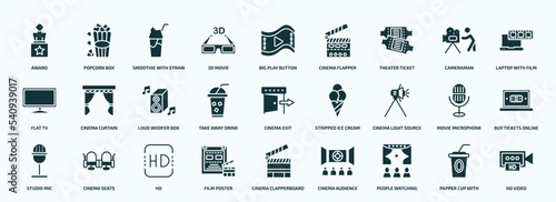 flat filled cinema icons set. glyph icons such as award, 3d movie, theater ticket, flat tv, take away drink, cinema light source, studio mic, film poster, people watching a movie, papper cup with