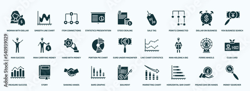 flat filled business icons set. glyph icons such as woman with dollar bill, statistics presentation, points connected chart, man success, portion pie chart, man holding a big coin, measure success,