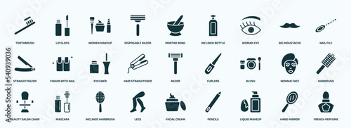 flat filled beauty icons set. glyph icons such as toothbrush, disposable razor, woman eye, straight razor, hair straightener, blush, beauty salon chair, legs, liquid makeup, hand mirror icons.