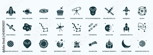 flat filled astronomy icons set. glyph icons such as space shuttle, moonwalker, inclined satellite, space module, quasar, death star, uranus with satellite, destroyed planet, astronaut ingravity,