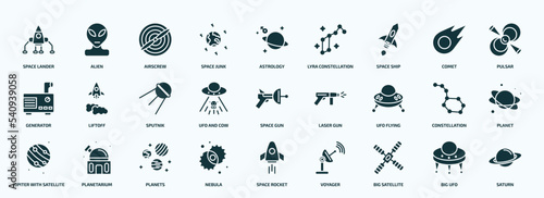 flat filled astronomy icons set. glyph icons such as space lander, space junk, space ship, generator, ufo and cow, ufo flying, jupiter with satellite, nebula, big satellite, big ufo icons.
