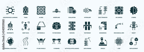 flat filled artificial intellegence icons set. glyph icons such as unsupervised learning, aeroplane, data transfer, microbots, future brain, sensorama, personal assistant, flyboard, speech, chip