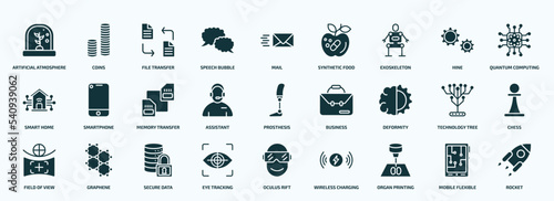 flat filled artificial intellegence icons set. glyph icons such as artificial atmosphere, speech bubble, exoskeleton, smart home, assistant, deformity, field of view, eye tracking, organ printing,