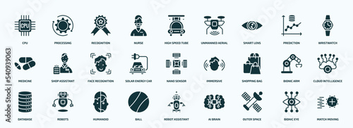 flat filled artificial intellegence icons set. glyph icons such as cpu, nurse, smart lens, medicine, solar energy car, shopping bag, database, ball, outer space, bionic eye icons.