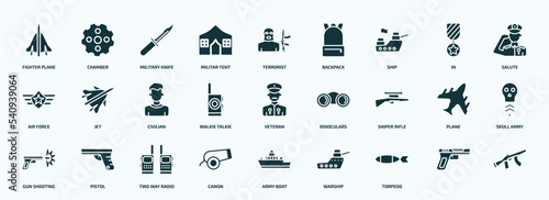 flat filled army and war icons set. glyph icons such as fighter plane, militar tent, ship, air force, walkie talkie, sniper rifle, gun shooting, canon, torpedo, icons.