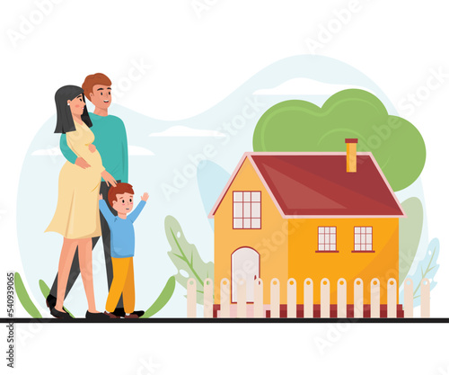 Happy family awaiting an addition and buying their own house. Man, pregnant woman and a boy. Flat cartoon illustration with a family and house. Mortgage, credit, relocating, property, family concept i