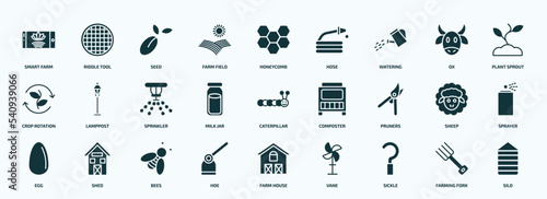 flat filled agriculture farming icons set. glyph icons such as smart farm, farm field, watering, crop rotation, milk jar, pruners, egg, hoe, sickle, farming fork icons.