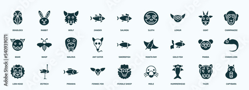 flat filled animals icons set. glyph icons such as deadlock  zander  lemur  boar  ant eater  gold fish  lion head  fennec fox  hummerhead  tiger icons.