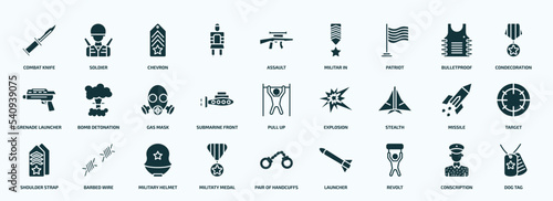 flat filled army and war icons set. glyph icons such as combat knife, , patriot, grenade launcher, submarine front view, stealth, shoulder strap, militaty medal, revolt, conscription icons.
