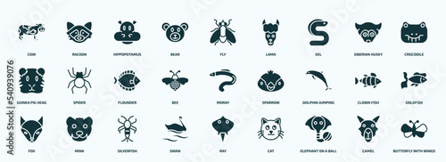 flat filled animals icons set. glyph icons such as cow, bear, eel, guinea pig heag, bee, dolphin jumping, fox, swan, elephant on a ball, camel icons.