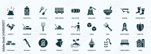 flat filled agriculture farming icons set. glyph icons such as manure, farm trailer, cereals, carrots, mower, roak, straw bale, rooster, harvest, garden bench icons.