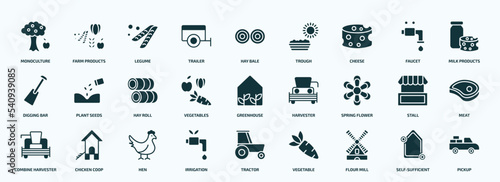 flat filled agriculture farming icons set. glyph icons such as monoculture, trailer, cheese, digging bar, vegetables, spring flower, combine harvester, irrigation, flour mill, self-sufficient icons.