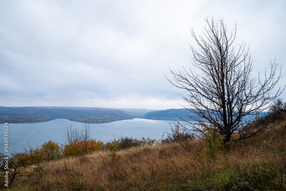Fjords and cliffs in autumn. Cloudy weather. Mountains and the sea Fjords and cliffs in autumn. Cloudy weather. Mountains and the sea