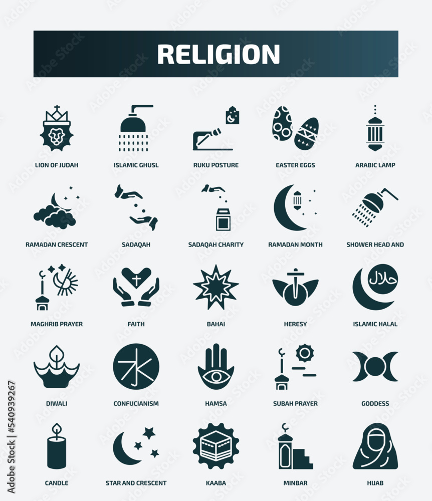 Naklejka premium set of 25 filled religion icons. flat filled icons such as lion of judah, islamic ghusl, arabic lamp, sadaqah charity, maghrib prayer, heresy, confucianism, goddess, kaaba, minbar icons.