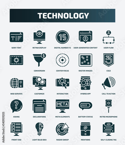 set of 25 filled technology icons. flat filled icons such as serif font, retina display, user flow, center focus, web servers, hybrid app, declarations, retro microphone, radar sweep, mentions