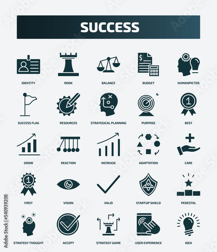 set of 25 filled success icons. flat filled icons such as identity, rook, humanpictos, strategical planning, grow, adaptation, vision, pedestal, strategy game, user experience icons.