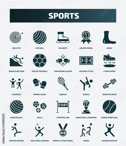 set of 25 filled sports icons. flat filled icons such as bullseye, gym ball, ankle, two boxing gloves, excercise, wushu, balls, tennis sport ball, weight lifting medal, aikido icons.