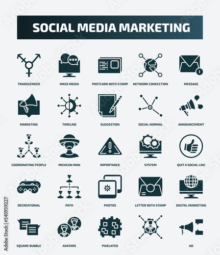 set of 25 filled social media marketing icons. flat filled icons such as transgender, mass media, message, suggestion, coordinating people, system, path, digital marketing, pixelated, icons.