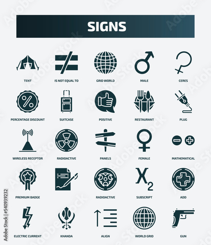 set of 25 filled signs icons. flat filled icons such as tent, is not equal to, ceres, positive, wireless receptor, female, , add, align, world grid icons.