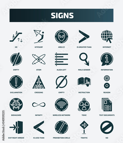 set of 25 filled signs icons. flat filled icons such as or, kitesurf, internet, align left, exclamation, instruction, infinity, text documents, prohibition circle, traffic icons.