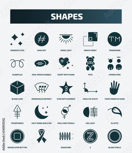 set of 25 filled shapes icons. flat filled icons such as morning star, hash key, trademark, heart with shine, blank cube, angle of acute, half moon and star, elliptic, radiators, z icons.
