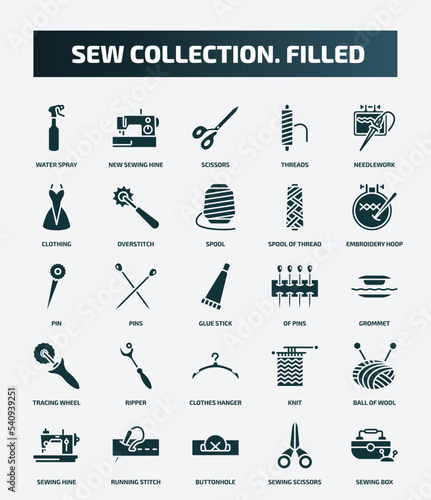 set of 25 filled sew collection. filled icons. flat filled icons such as water spray, new sewing hine, needlework, spool, pin, of pins, ripper, ball of wool, buttonhole, sewing scissors icons.