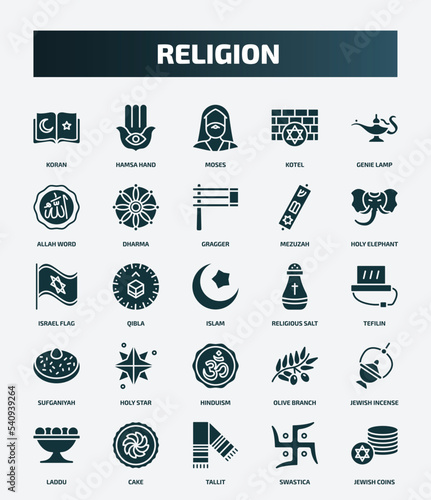 set of 25 filled religion icons. flat filled icons such as koran, hamsa hand, genie lamp, gragger, israel flag, religious salt, holy star, jewish incense, tallit, swastica icons.
