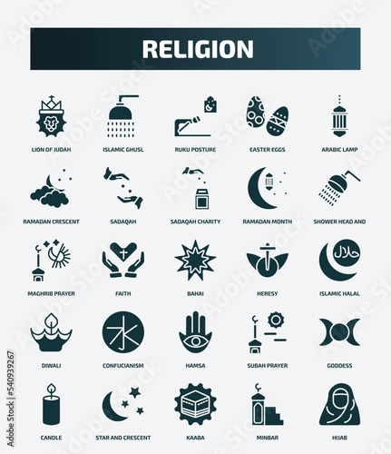 set of 25 filled religion icons. flat filled icons such as lion of judah, islamic ghusl, arabic lamp, sadaqah charity, maghrib prayer, heresy, confucianism, goddess, kaaba, minbar icons.