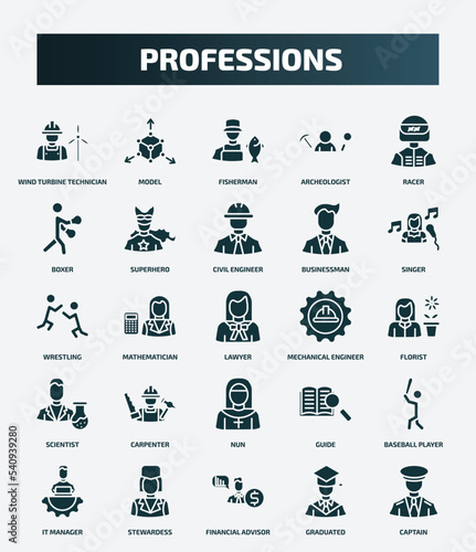 set of 25 filled professions icons. flat filled icons such as wind turbine technician, model, racer, civil engineer, wrestling, mechanical engineer, carpenter, baseball player, financial advisor,