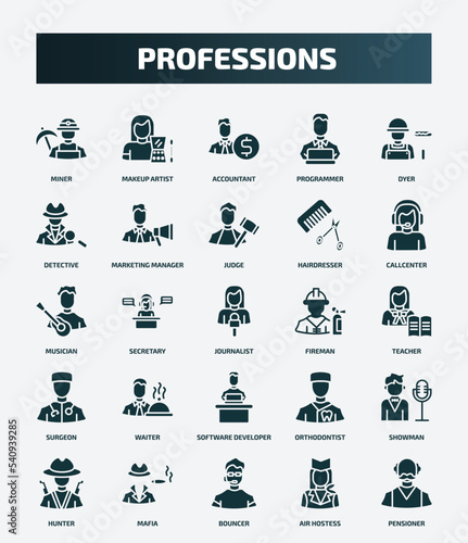set of 25 filled professions icons. flat filled icons such as miner, makeup artist, dyer, judge, musician, fireman, waiter, showman, bouncer, air hostess icons.
