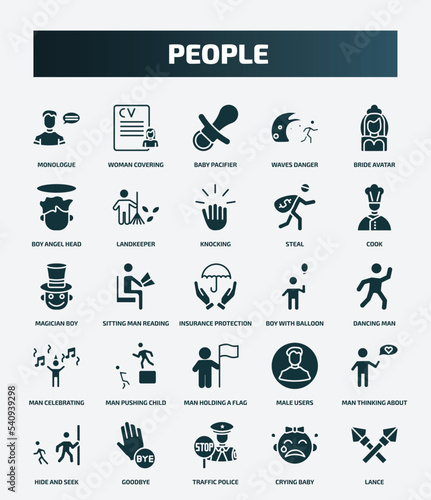 set of 25 filled people icons. flat filled icons such as monologue, woman covering, bride avatar, knocking, magician boy, boy with balloon, man pushing child, man thinking about love, traffic