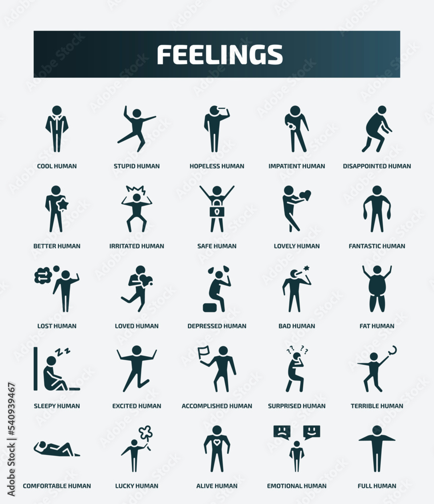 set of 25 filled feelings icons. flat filled icons such as cool human, stupid human, disappointed human, safe lost bad excited terrible alive emotional icons. set of 25 filled feelings icons. flat filled icons such as cool human, stupid human, disappointed human, safe lost bad excited terrible alive emotional icons.