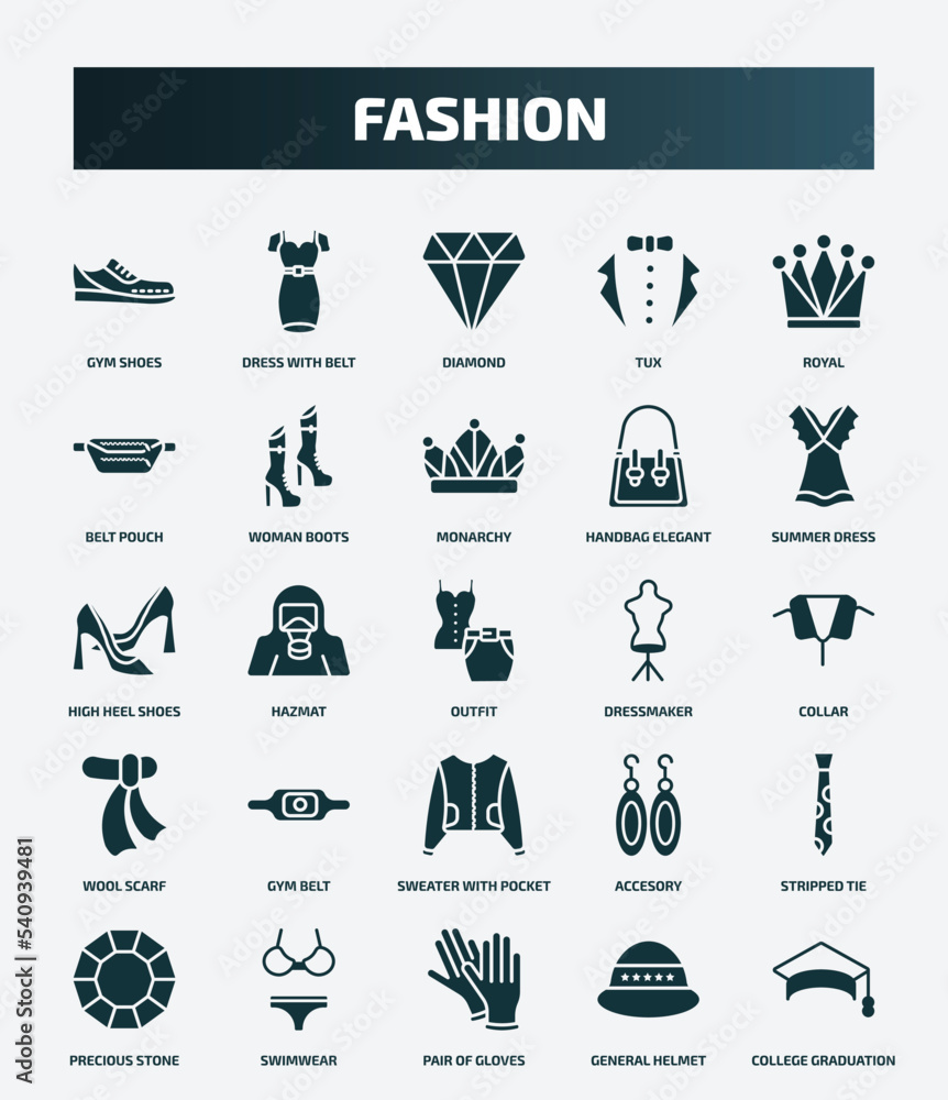 set of 25 filled fashion icons. flat filled icons such as gym shoes, dress with belt, royal, monarchy, high heel shoes, dressmaker, gym belt, stripped tie, pair of gloves, general helmet icons. set of 25 filled fashion icons. flat filled icons such as gym shoes, dress with belt, royal, monarchy, high heel shoes, dressmaker, gym belt, stripped tie, pair of gloves, general helmet icons.