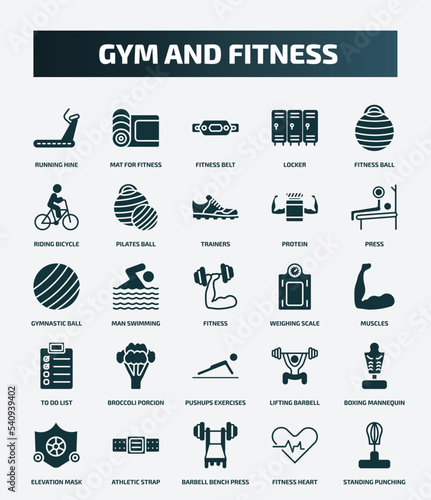 set of 25 filled gym and fitness icons. flat filled icons such as running hine, mat for fitness, fitness ball, trainers, gymnastic ball, weighing scale, broccoli porcion, boxing mannequin, barbell