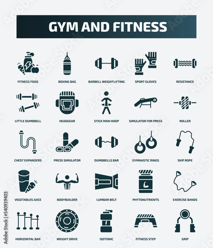 set of 25 filled gym and fitness icons. flat filled icons such as fitness food, boxing bag, resistance, stick man hoop, chest expanders, gymnastic rings, bodybuilder, exercise bands, isotonic,