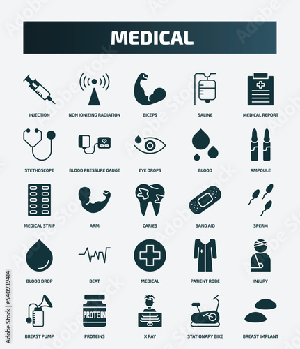set of 25 filled medical icons. flat filled icons such as injection, non ionizing radiation, medical report, eye drops, medical strip, band aid, beat, injury, x ray, stationary bike icons.