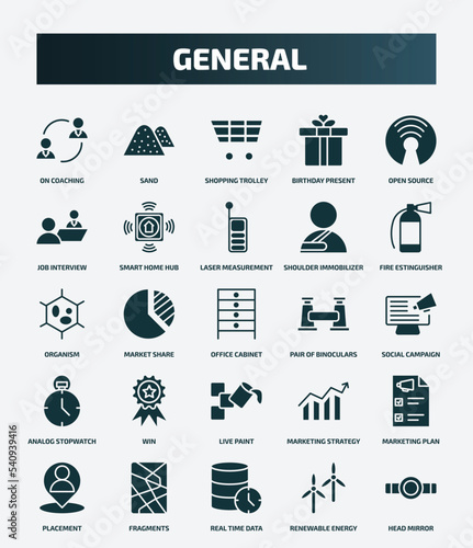 set of 25 filled general icons. flat filled icons such as on coaching, sand, open source, laser measurement, organism, pair of binoculars, win, marketing plan, real time data, renewable energy label