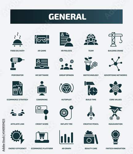 set of 25 filled general icons. flat filled icons such as food delivery, ar game, building crane, group opinion, ecommerce strategy, build time, credit score, inauguration, ar graph, beauty care