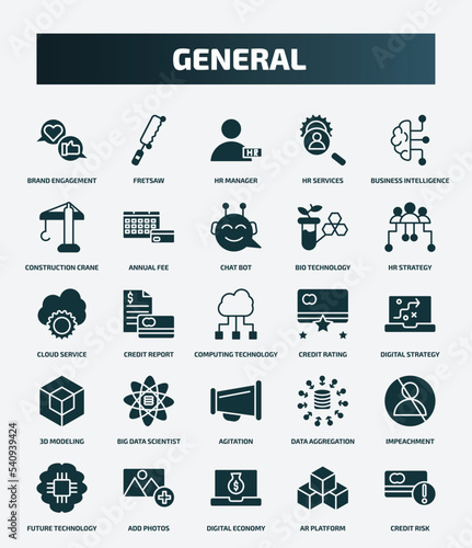 set of 25 filled general icons. flat filled icons such as brand engagement, fretsaw, business intelligence, chat bot, cloud service, credit rating, big data scientist, impeachment, digital economy,