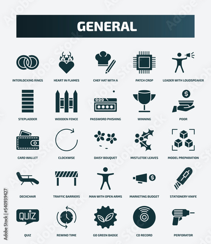 set of 25 filled general icons. flat filled icons such as interlocking rings, heart in flames, leader with loudspeaker, password phishing, card wallet, mistletoe leaves, traffic barriers, stationery
