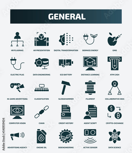 set of 25 filled general icons. flat filled icons such as hr planning, ar presentation, gmo, eco battery, in-game advertising, filament, chain, crypto-exchange, bioengineering, active sensor icons.