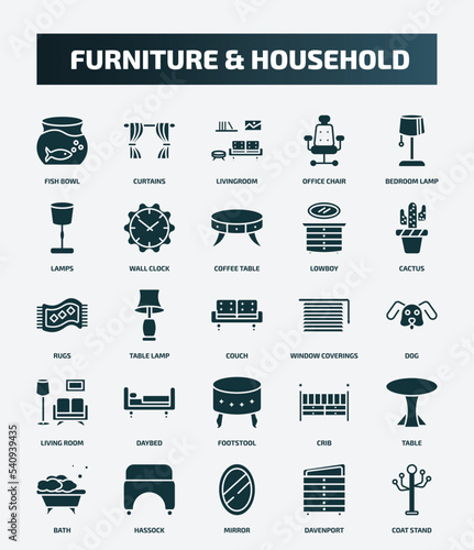 set of 25 filled furniture & household icons. flat filled icons such as fish bowl, curtains, bedroom lamp, coffee table, rugs, window coverings, daybed, table, mirror, davenport icons.