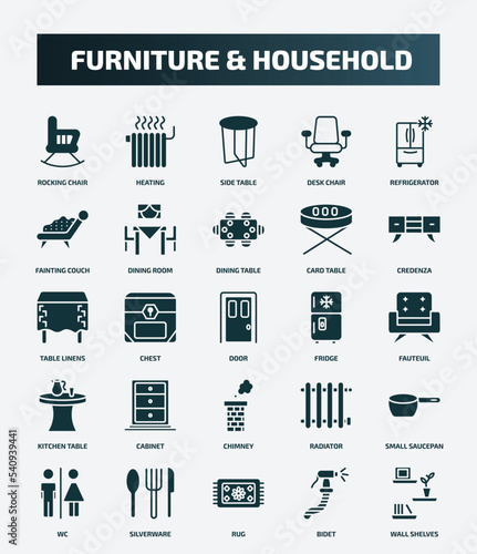 set of 25 filled furniture & household icons. flat filled icons such as rocking chair, heating, refrigerator, dining table, table linens, fridge, cabinet, small saucepan, rug, bidet icons.