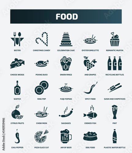 set of 25 filled food icons. flat filled icons such as bistro, christmas candy sticks, romantic muffin, onion rings, scotch, spicy food, chow mein, pint, jar of beer, dog food icons.