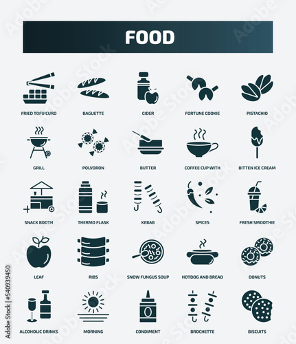 set of 25 filled food icons. flat filled icons such as fried tofu curd balls, baguette, pistachio, butter, snack booth, spices, ribs, donuts, condiment, brochette icons.