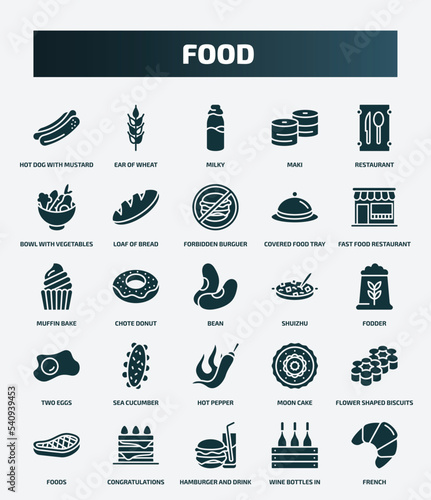 set of 25 filled food icons. flat filled icons such as hot dog with mustard, ear of wheat, restaurant, forbidden burguer, muffin bake, shuizhu, sea cucumber, flower shaped biscuits, hamburger and